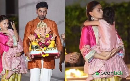 Ranbir Kapoor carries Ganpati during visarjan, Alia Bhatt  protects Raha from camera flashes. Watch