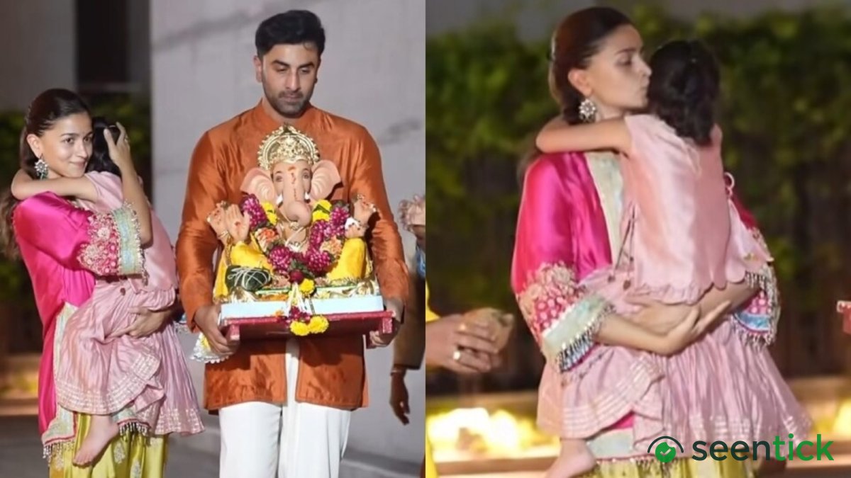 Ranbir Kapoor carries Ganpati during visarjan, Alia Bhatt  protects Raha from camera flashes. Watch