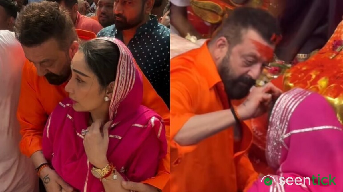 Sanjay Dutt applies sindoor on wife Maanayata's forehead at Lalbaugcha Raja, protects her from crowd. Watch