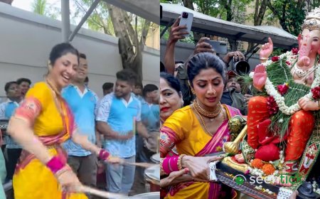 Shilpa Shetty plays dhol ‘like a pro’ at Ganpati Visarjan, dances with paparazzi; fans love her energy. Watch