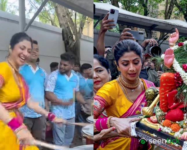 Shilpa Shetty plays dhol ‘like a pro’ at Ganpati Visarjan, dances with paparazzi; fans love her energy. Watch