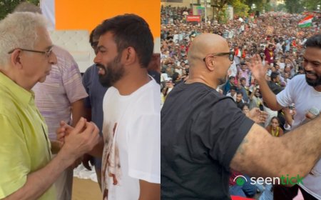 Naseeruddin Shah hugs Cockroach Janta Party's Abhijeet Dipke at Shivaji Park protest; Vishal Dadlani joins to demand the resignation of Gyanesh Kumar