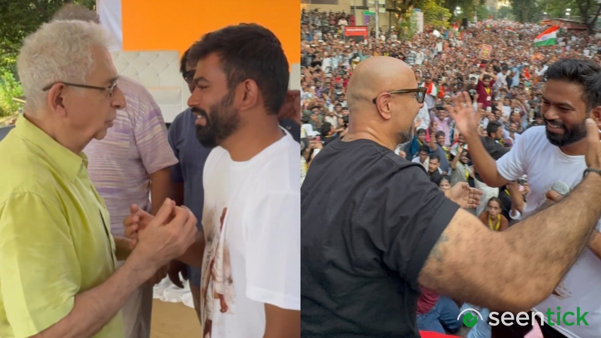 Naseeruddin Shah hugs Cockroach Janta Party's Abhijeet Dipke at Shivaji Park protest; Vishal Dadlani joins to demand the resignation of Gyanesh Kumar